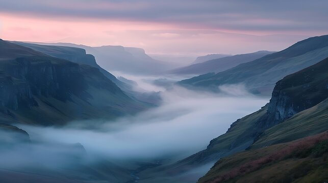 A misty valley at dawn, layers of fog rolling between jagged cliffs, soft pastel skies, atmospheric landscape photography