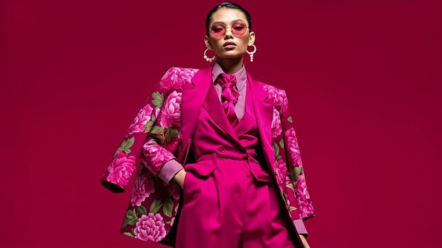 A woman in a pink suit and sunglasses posing for a picture