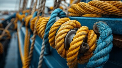 Colorful, textured ropes coil intricately along the ship's railing