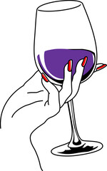 Elegant Line Art Hand Holding Wine Glass with Red Nails Illustration