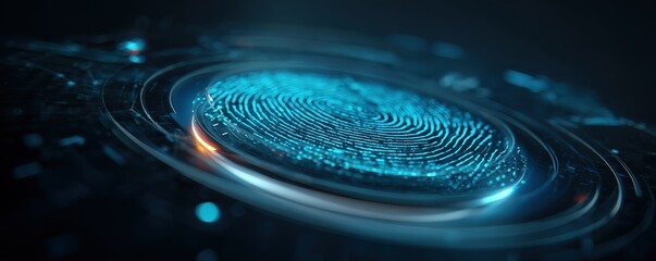 A futuristic digital fingerprint design, showcasing intricate details and glowing blue elements against a dark background.