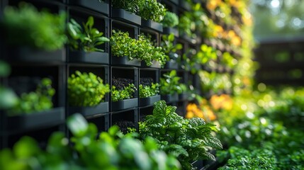 A vibrant vertical garden of herbs and plants breathes life into the urban environment, promoting sustainability