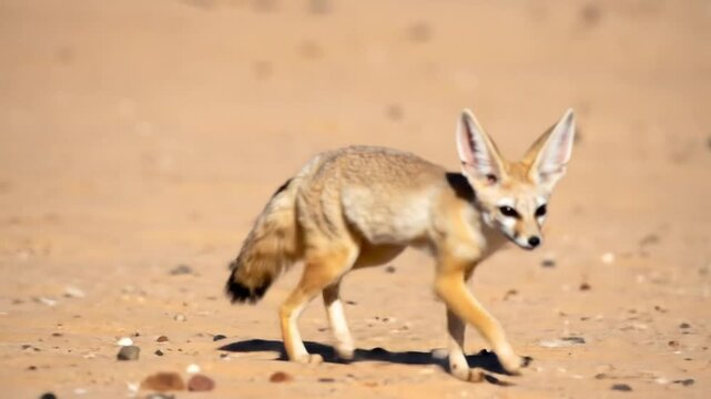 Tan Fennec Fox Walking on Sandy Terrain with Bright Sunlight and Focused Shot in Desert Setting with Visible Details on Fur and Ears in Middle Day