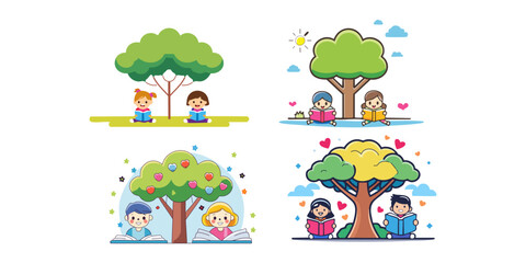 Fototapeta premium A delightful collection of four cartoon illustrations showing children reading books under a tree, symbolizing education, imagination, and a love for learning