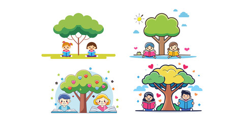 Fototapeta premium Children enjoying reading books under trees on a sunny day, depicting education and outdoor leisure activities