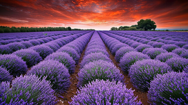 Sunset over rows of purple lavender flowers in a field