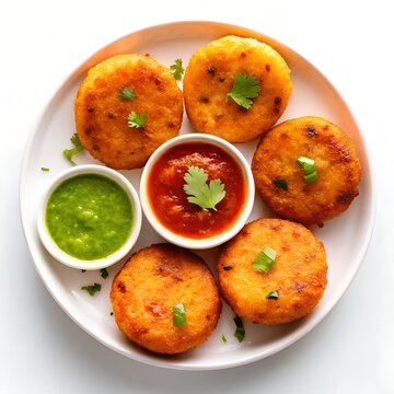 Delicious Indian Aloo Tikki Served with Chutney  in a white plate  top down view with white background