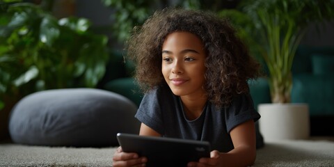 Young african female child relaxing with tablet in cozy indoor setting