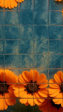 Aerial view of vibrant orange flowers against a textured blue background, creating a mosaic effect. Ideal for a creative video backdrop. Live mobile wallpaper.