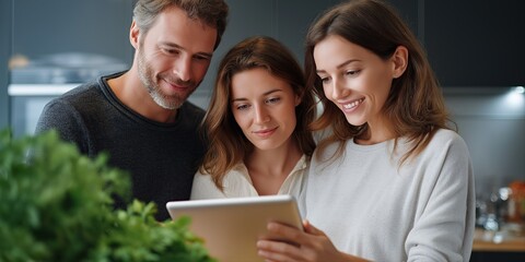 Caucasian adults cooking together in modern kitchen with digital tablet and fresh vegetables