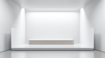 Obraz premium A minimalistic white room featuring a sleek platform, illuminated by soft lighting, creating a clean and modern aesthetic.