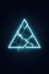 Vibrant electric blue neon triangle, shattered by luminous energy cracks, glowing intensely amidst sparkling stardust particles, an abstract geometric digital art masterpiece for modern