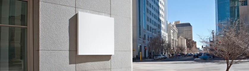 A minimalist urban scene featuring a blank sign on a building and a street view showcasing modern architecture in a clear blue sky.