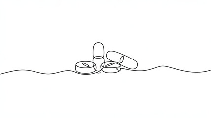 Continuous one line drawing of medicine capsule and pills isolated on white background simple hand drawn style vector illustration of drugs.