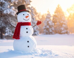 Fototapeta premium Happy smiling snowman with scarf and hat in winter landscapes. Copy spaces. Empty place for your message. Selective focus. Christmas, New Year, winter concept.