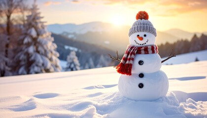 Obraz premium Happy smiling snowman with scarf and hat in winter landscapes. Copy spaces. Empty place for your message. Selective focus. Christmas, New Year, winter concept.
