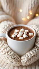 Fototapeta premium Cozy hot chocolate with marshmallows held in knitted sweater on a winter day scene