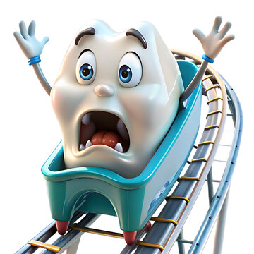 Scared cartoon tooth character on a teal roller coaster cart with transparent background isolated on a transparent background