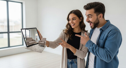 Excited couple uses augmented reality tablet app to visualize new furniture and interior design in their empty modern apartment.