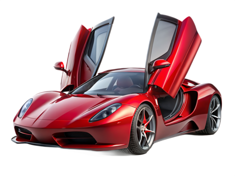 Shiny Red Sports Car with Doors Open on White Background supercar luxury car isolated on a transparent background