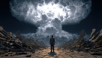 A solitary figure stands amidst the ruins, gazing at a titanic explosion casting ominous shadows, symbolizing destruction and the aftermath of chaos.