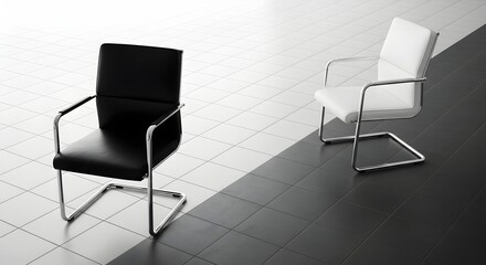 Obraz premium Modern Office Furniture: Black and White Chairs on Contrasting Tiles, Minimalist Interior, Business Waiting Area