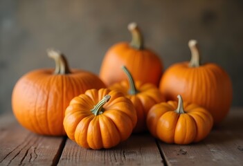 AI generated organic pumpkins arranged on vintage wooden table