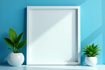 Blank white frame against textured blue wall with plants, frame mockup, background, stock photo