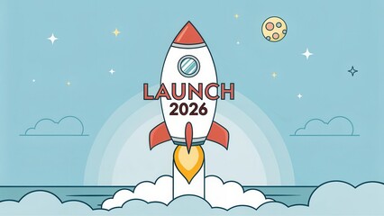 Colorful rocket launching illustration for a space theme project featuring bold text, clouds, and stars with a futuristic vibe