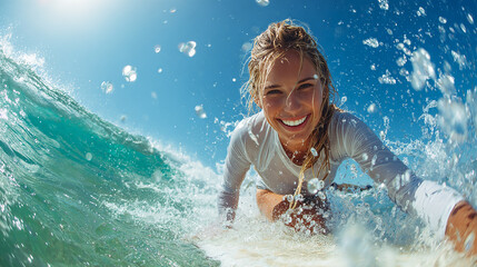 Beach Babe Young Blonde Girl Femal Tanned Skin Smiling Woman Surfing on Ocean Wave