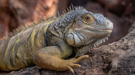 Fototapeta premium A Close-Up Portrait of a Vibrant Iguana Showcasing Detailed Textures and Patterns Against a Natural Background in a Serene Environment