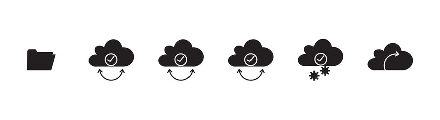 Obraz premium Technology icons set linear cloud computing security networking servers infrastructure symbols vector cartoon illustration transparent background. Cloud computing icons set vector illustration for tec