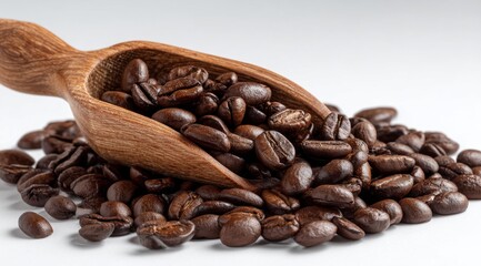 Rich, Aromatic Coffee Beans Poured from a Wooden Scoop, Showcasing Their Deep Color and Texture on a White Surface