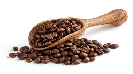 Obraz premium Deliciously Aromatic Dark Roast Coffee Beans in a Wooden Scoop, Perfect for Brewing Rich Espresso and Creating Satisfying Morning Rituals