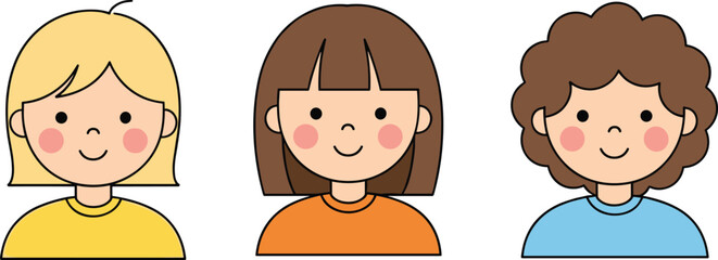 Cute cartoon children faces, happy kids illustration, smiling boys and girls, diverse hairstyle characters, adorable child avatars, flat vector design