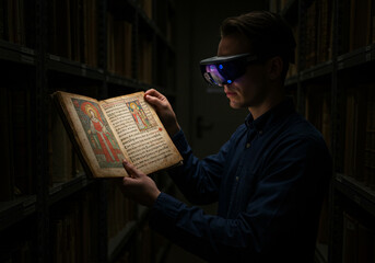 Man in AR headset studying ancient illuminated manuscript in a historical library, blending technology with traditional research