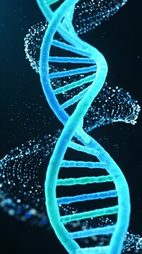 A glowing blue and green DNA double helix molecule with swirling particles on a dark background.