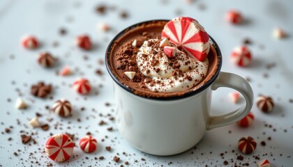 seasonal chocolate peppermint shake styled in enameled mug, sprinkled with cocoa powder, rendered on pure white with soft clarity.