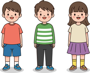 Fototapeta premium Cute cartoon kids standing, happy children illustration, boy and girl characters, casual clothes, smiling faces, isolated white background, vector drawing