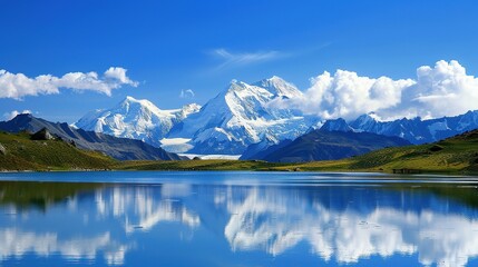 Fototapeta premium Natural scenery of snow - capped mountains and lakes,Skyward View: Stunning Scene of Looking Up at Modern Glass Office Buildings – Sleek High-Rise Towers with Floor-to-Ceiling Glass Facades