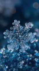 Intricate Ice Crystal: A Close-Up Exploration of a Unique Snowflake's Delicate Structure Against a Twinkling Blue Background