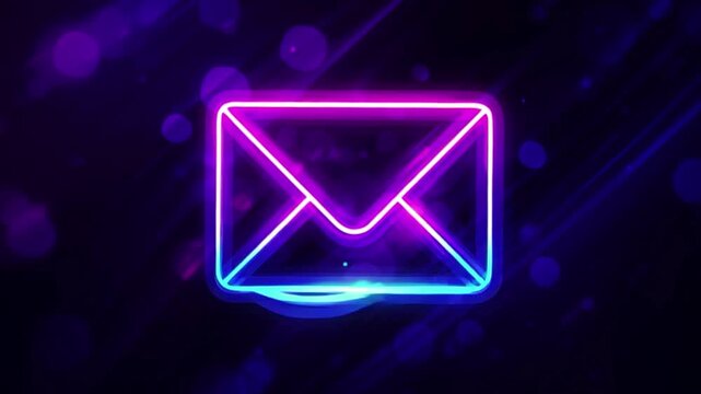 Glowing neon email icon in purple and blue light 4K animation symbolizing digital communication, online message, mail marketing, technology, connection, social media and futuristic interface design