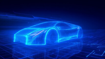 Futuristic car concept wireframe on glowing blue background with sleek design and neon accents