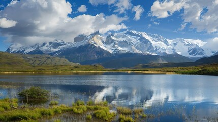 Natural scenery of snow - capped mountains and lakes,Skyward View: Stunning Scene of Looking Up at Modern Glass Office Buildings – Sleek High-Rise Towers with Floor-to-Ceiling Glass Facades