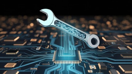 Fototapeta premium Digital Wrench: A luminous wrench superimposed over a detailed circuit board and central processing unit, symbolizing the intersection of digital innovation and engineering.