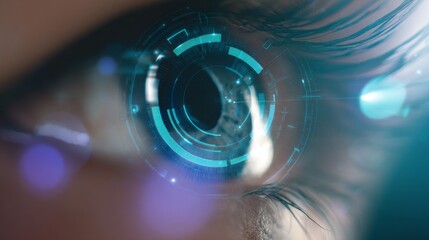 Close up of a human eye examining digital data with holographic symbols and security features
