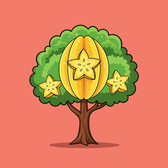 Cartoon tree with star fruit on a coral background illustration.