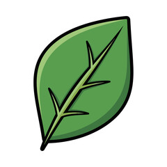 Cartoon style green leaf with veins and dark outline on white background.