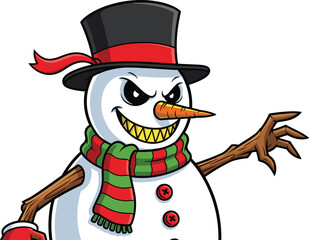 Evil snowman cartoon character with hat, red scarf, creepy smile, scary eyes, winter holiday horror illustration, spooky Christmas design