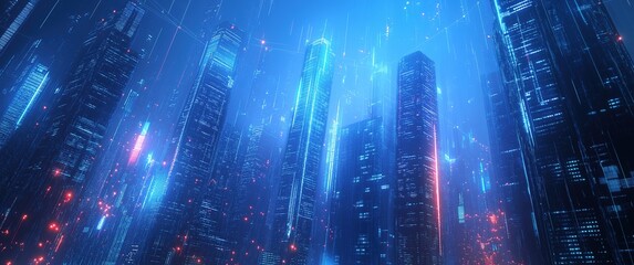 Fototapeta premium Tech city, shuttling light, futuristic, abstract architecture, blue metropolis